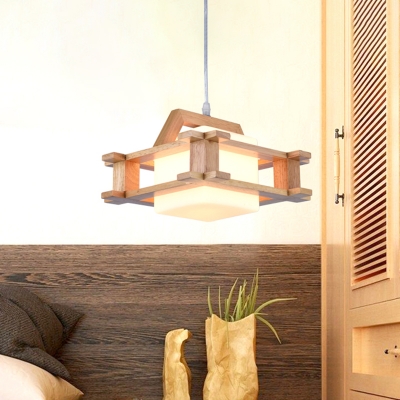 Cube Dining Room Hanging Lighting White Glass 1 Bulb Asian Style Ceiling Pendant Lamp with Wooden Squared Frame