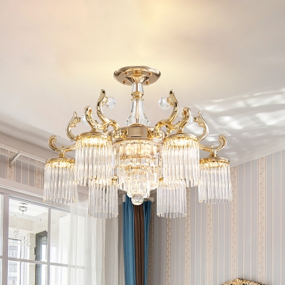Cylinder K9 Strip Crystal Semi Flush Contemporary 6/8-Head Dining Room LED Flush Ceiling Light in Gold