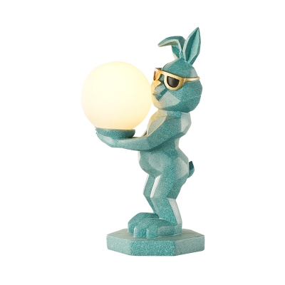 Dog/Rabbit Resin Table Light Cartoon Blue/Blue-Green Finish LED Night Lamp with Ball Opal Glass Shade