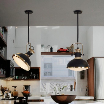 Dome Kitchen-Island Suspension Light Industrial Metal 1-Light Black Hanging Ceiling Lamp with Rotatable Handle