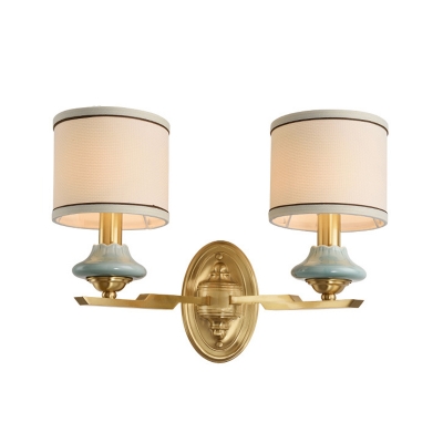 Drum Beige Fabric Sconce Lamp Warehouse 1/2 Bulb Indoor Wall Mounted Fixture in Brass