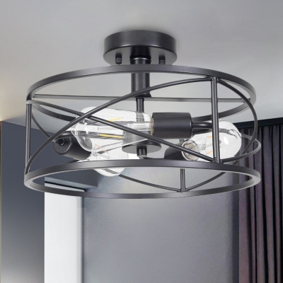 Drum Frame Iron Semi-Flush Ceiling Light Industrial 3 Bulbs Living Room Flush Lamp Fixture in Black