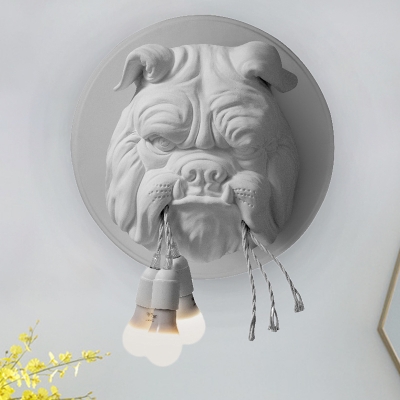 Embossed Bulldog Resin Exposed Wall Lamp Rustic 3 Bulbs Living Room Sconce Ideas in White/Black
