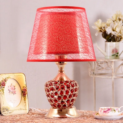 Fabric Barrel Night Light Traditional 1-Light Bedside Night Lamp with Heart Inserted Crystal Base in Gold/Red