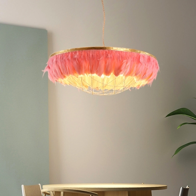 Feather Living Room Chandelier Lighting Fabric 2 Heads Modernism Hanging Lamp Fixture in White/Pink/Grey with Cage