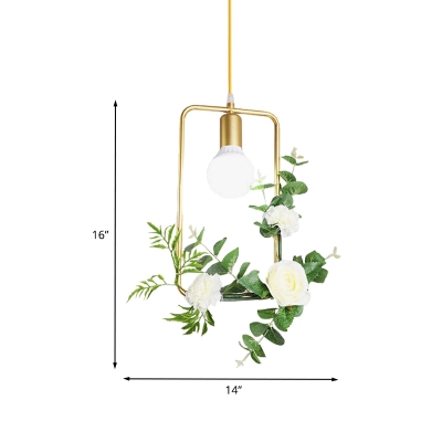 Floral Iron Pendant Lighting Farm Style 1 Bulb Living Room Hanging Light with Gold Linear/Square/Round Frame
