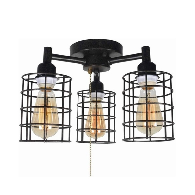Industrial Cylinder Cage Semi Flush Lamp 3-Head Iron Flush Ceiling Light in Black with Pull Chain