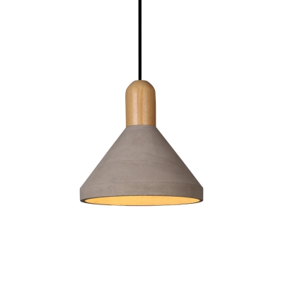 Industrial-Style Cone Pendant 1-Head Cement LED Hanging Light Kit in Grey and Black/Red/Wood