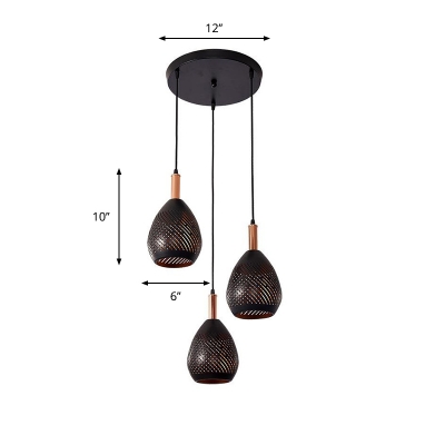 Industrial-Style Pear Multi Light Pendant 3 Lights Metallic Suspension Lamp in Black with Hollow Out Design