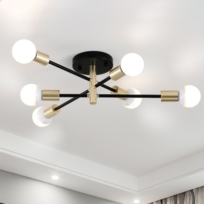 Iron Sputnik Linear Semi Flush Lighting Modernist 4/6-Bulb Black and Gold Close to Ceiling Lamp