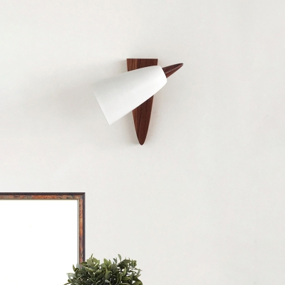 Iron Swivelable Cone Sconce Nordic 1-Light Matte White Wall Lighting Ideas with Walnut Wood Backplate