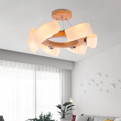Japanese 6 Lights Ring Chandelier Light Wood Curved Ceiling Hang Fixture with White Glass Shade