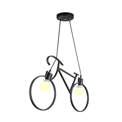 Kids Cool Bicycle Iron Island Lamp 2 Lights Hanging Pendant with Bare Bulb Design in Black/White over Table