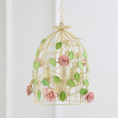 Metal Beige Pendant Chandelier Birdcage 3 Heads Farmhouse Style Korean Suspension Light with Rose Deco