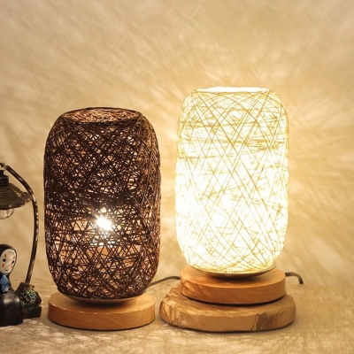 Mini Capsule Bedside Nightstand Lamp Rattan Weaving 1 Light Minimalist Table Light in Beige/Coffee