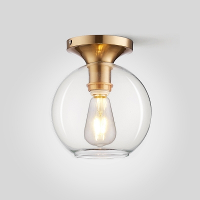 Minimalist Globe Ceiling Light Clear Open Glass 1 Head Passage Flush Mount Fixture in Brass