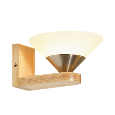 Modern 1 Bulb Sconce Light Wood and Nickel Cone Wall Mounted Light with Milk White Glass Shade