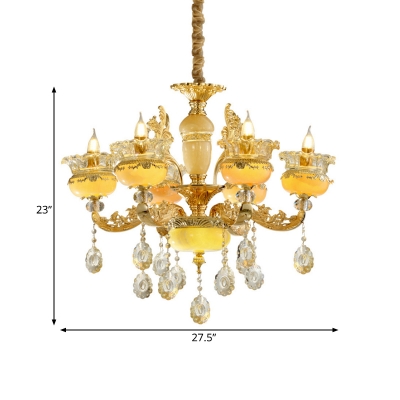 Modern Flower Chandelier Light 6 Heads Frosted Glass Hanging Lamp in Gold with Crystal Drop