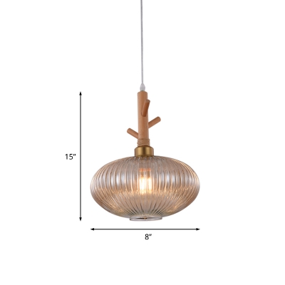 Modern Oval Hanging Light Kit Amber Prismatic Glass 1 Bulb Restaurant Pendant Lamp Fixture with Wooden Branch Cap