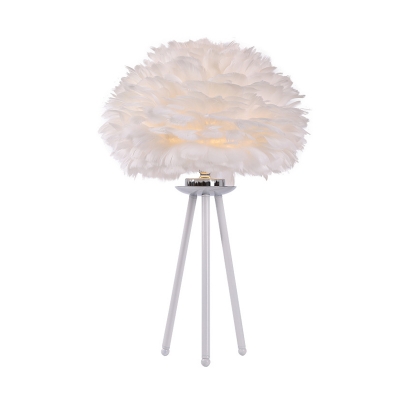Modernism Feather Table Lighting Fabric 1 Light Bedside Nightstand Lamp in White with Tripod Base
