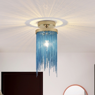 Modernist 1 Head Semi Mount Lighting Green/Blue/Gold Waterfall Tassel Mini Ceiling Flush Light with Aluminum Shade
