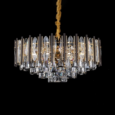 Modernist Conic Block Hanging Chandelier 7 Bulbs Clear Crystal Ceiling Pendant Light with Drum Design