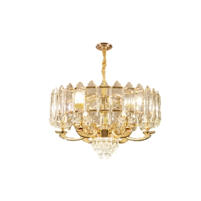 Modernist Drum Hanging Chandelier 10 Bulbs Crystal Block Ceiling Suspension Lamp in Gold