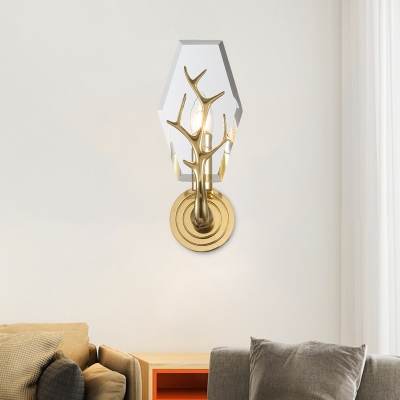 Panel Sconce Light Fixture Modernist Crystal 1 Head Brass Wall Mount Lamp with Antler Pattern