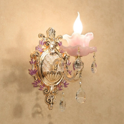 Pink Glass Candle Sconce Modern 1/2 Bulbs Living Room Wall Light in Purple with Crystal Draping