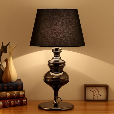 Polished Black Single Night Light Rural Iron Baluster Table Lamp with Tapered Fabric Shade