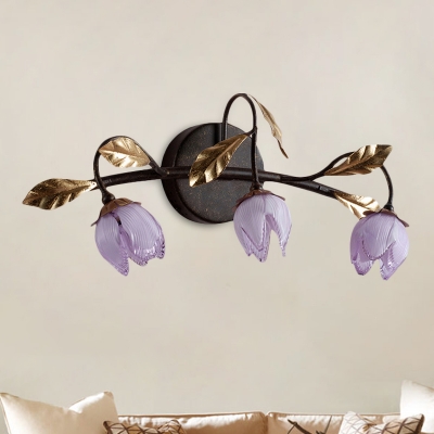 Purple Glass Floral Vanity Sconce Light Antiqued 3-Light Bedroom Wall Mount Lamp Fixture in Black
