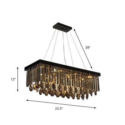 Rectangle Dining Room Island Pendant Modern Smoke Crystal 8 Bulbs Black Hanging Lamp, 23.5