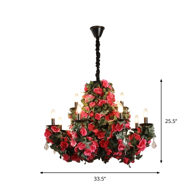 Red 12 Bulbs Chandelier Lighting Warehouse Iron Candlestick Flower Ceiling Light with Clear Crystal Drop