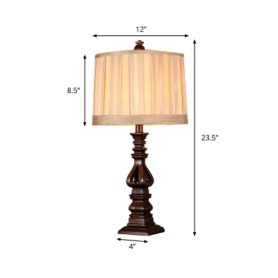 Red Brown 1 Head Table Light Traditional Resin Baluster Night Lamp with Drum Gathered Fabric Shade