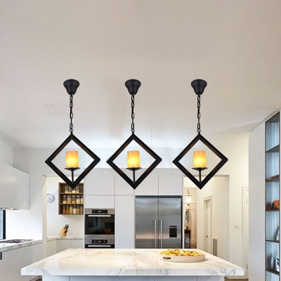 Rhombus Frame Kitchen Dinette Pendant Retro Metal 1 Bulb Black Hanging Ceiling Light with Pillar Shade