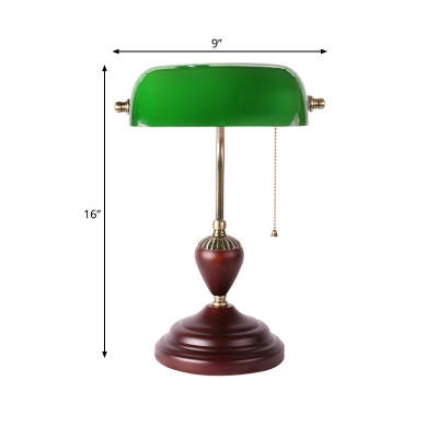 Single Green Glass Pull-Chain Table Lamp Retro Copper Oblong Bedside Nightstand Light