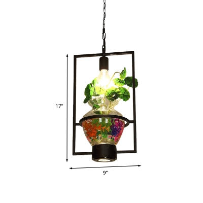 Single Urn Plant Pot Pendant Light Industrial Black Clear Glass Hanging Lamp with Round/Square/Rectangle Frame