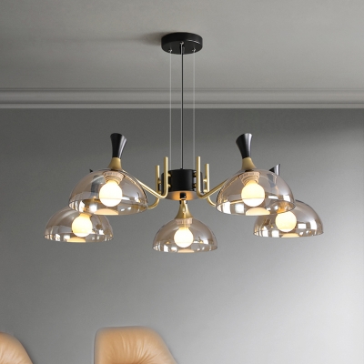 Smoke Grey/Amber Glass Dome Chandelier Modern 5-Light Black and Brass Hanging Light with Grip