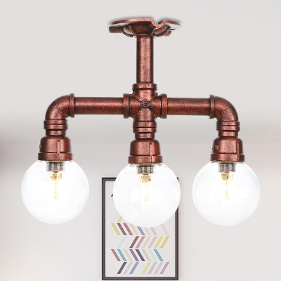Sphere Clear Glass LED Semi Flushmount Industrial 3/4 Heads Restaurant Close to Ceiling Light in Copper