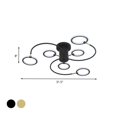 Swirl Designed Semi Flush Mount Light Fixture Contemporary Acrylic Black/Gold LED Ceiling Mount with Rings for Living Room