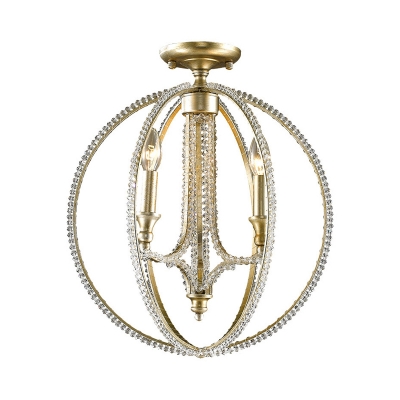 Traditional Candle Semi Flush Mount 3-Head Crystal Flushmount Lighting in Gold with Globe Cage
