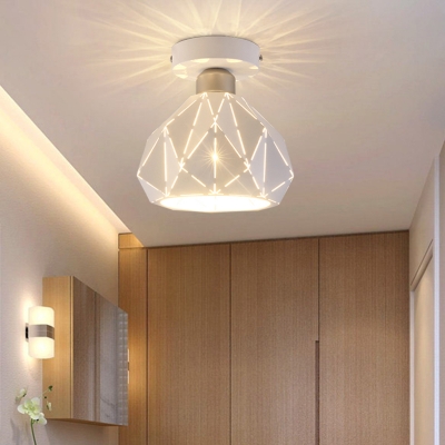 White Finish Diamond Semi Flush Lighting Modernist 1-Bulb Iron Flushmount Lamp for Hallway