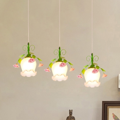 White Glass Flower Multi Pendant Light Farmhouse Korean 3-Light Living Room Hanging Lamp in Green with Round/Linear Canopy