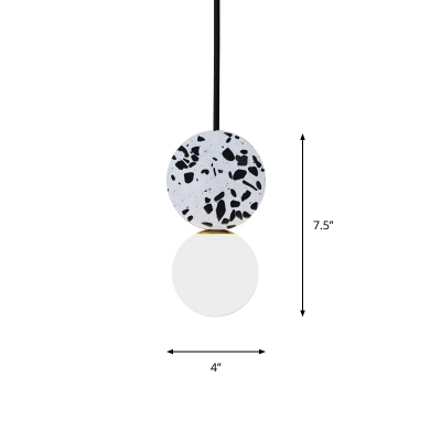 White Glass Orb Hanging Light Modern 1 Light LED Ceiling Pendant Lamp with Black Round Marble Top