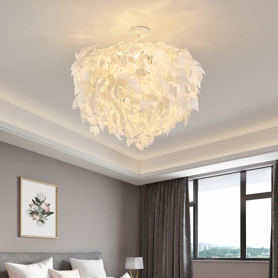 White Leaf Semi Flush Mount Lighting Contemporary 4 Lights Fabric Flush Ceiling Lamp for Bedroom