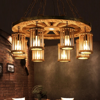 Wood Cylinder Chandelier Factory 8 Lights Dining Room Hanging Ceiling Light with Wheel Deco