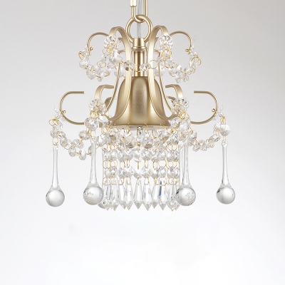 1 Head Crystal Strand Drop Pendant Retro Gold Scroll Dining Room Suspended Lighting Fixture