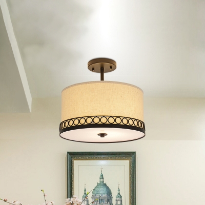 1 Light Drum Semi Mount Lighting Traditional Black Fabric Flush Ceiling Lamp Fixture