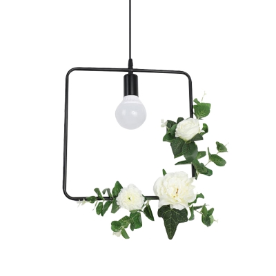 1 Light Flower Drop Pendant Countryside Round/Triangle/Square Frame Iron Hanging Lamp Kit in Black