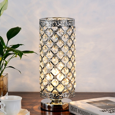 1 Light Inserted Crystal Night Lamp Modern Silver Cylinder Bedroom Night Table Light